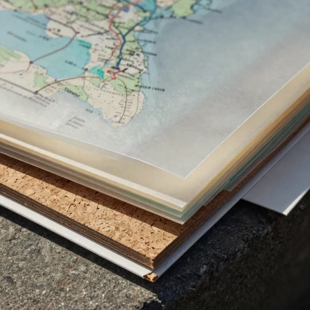 Layered vellum startup map folio with cork and sealed packet, lit by raking light