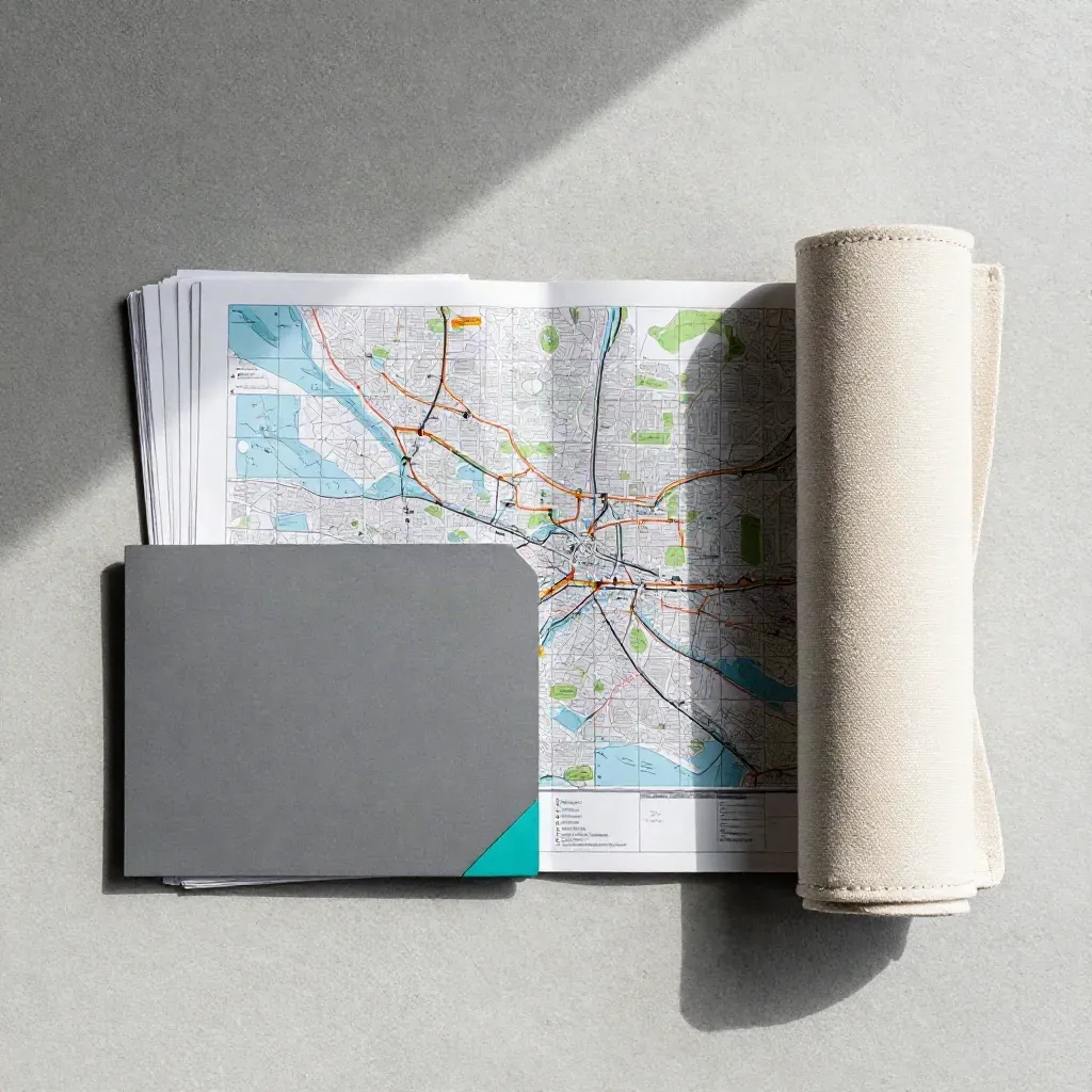 Overhead flatlay of a Winnipeg logistics map kit on cool concrete with teal accents.