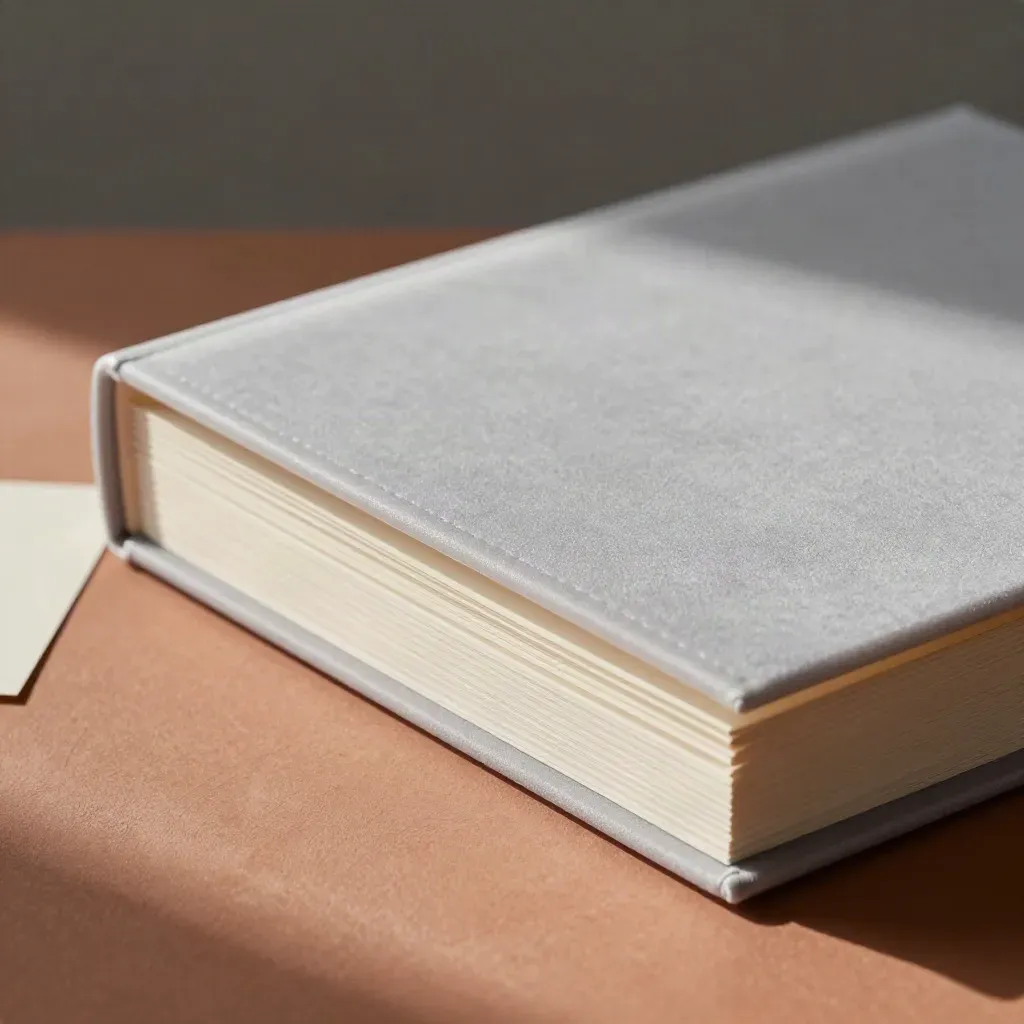 Frosted binder edge with pale dividers catching light on a terracotta plinth