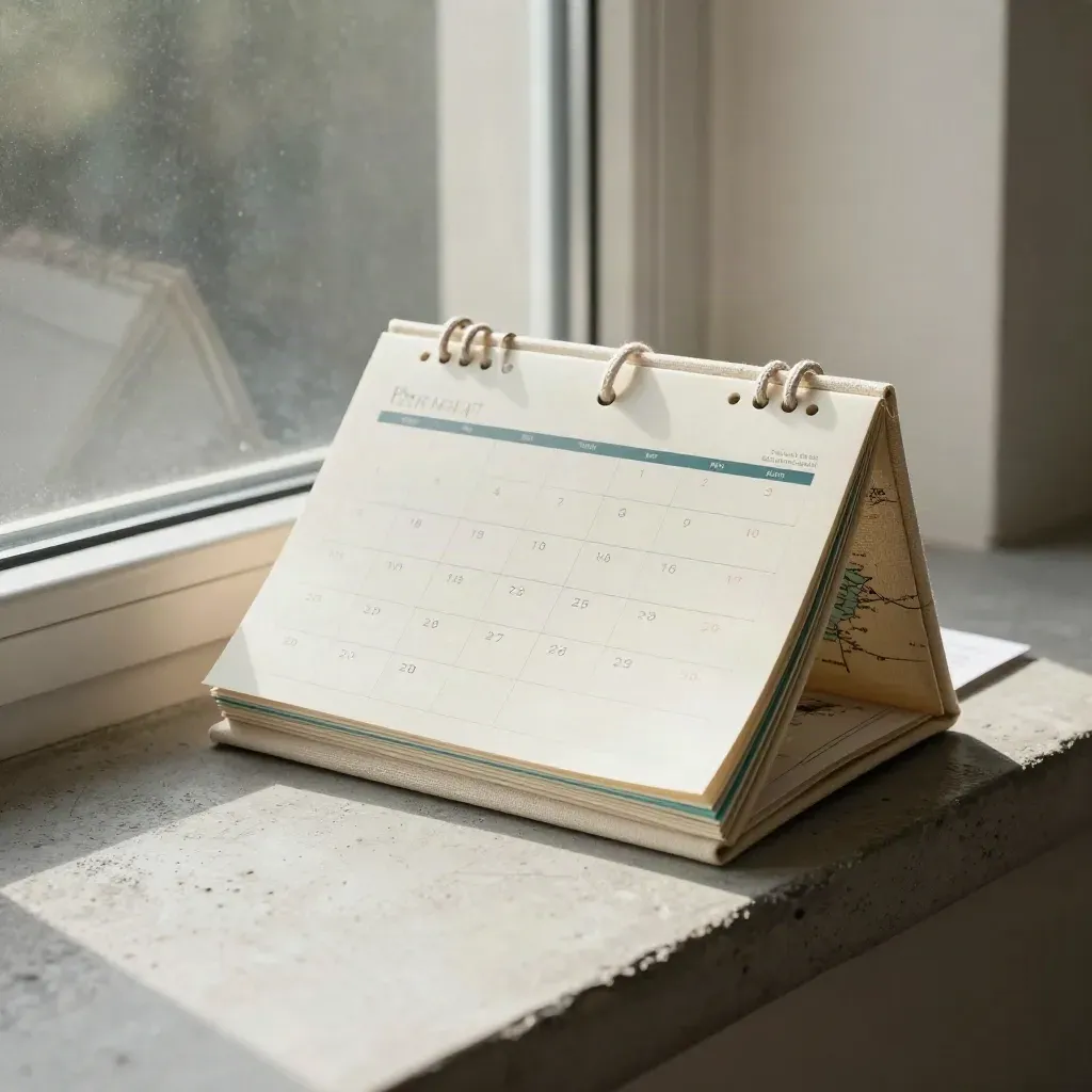 Half-open Canada market calendar folio by a window with muted teal accent and canvas sleeve